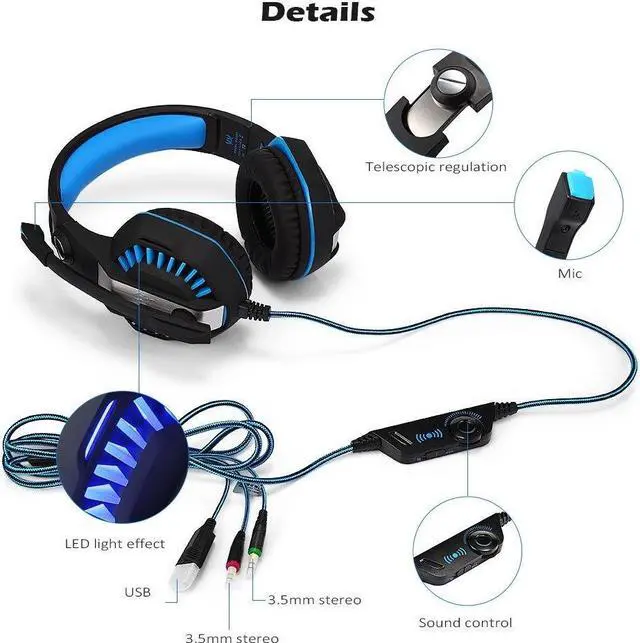 Alt view image 3 of 7 - KOTION EACH G2000 2.0 Vibrating Over-ear Gaming Headphones with Mic, 2.2m Cable, LED Light, Noise Reduction Headset for Computer Game, PS4, Xbox One, Laptops, Tablet, Smartphones (Blue)