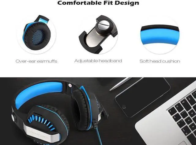 Alt view image 4 of 7 - KOTION EACH G2000 2.0 Vibrating Over-ear Gaming Headphones with Mic, 2.2m Cable, LED Light, Noise Reduction Headset for Computer Game, PS4, Xbox One, Laptops, Tablet, Smartphones (Blue)