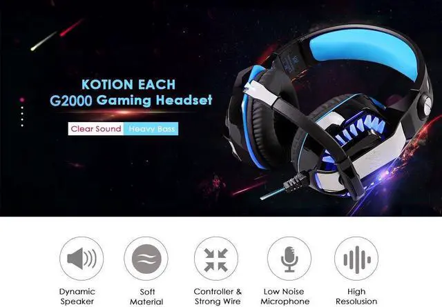 Alt view image 5 of 7 - KOTION EACH G2000 2.0 Vibrating Over-ear Gaming Headphones with Mic, 2.2m Cable, LED Light, Noise Reduction Headset for Computer Game, PS4, Xbox One, Laptops, Tablet, Smartphones (Blue)