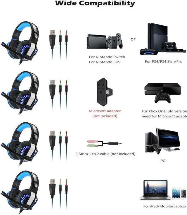 Alt view image 6 of 7 - KOTION EACH G2000 2.0 Vibrating Over-ear Gaming Headphones with Mic, 2.2m Cable, LED Light, Noise Reduction Headset for Computer Game, PS4, Xbox One, Laptops, Tablet, Smartphones (Blue)