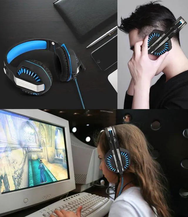 Alt view image 7 of 7 - KOTION EACH G2000 2.0 Vibrating Over-ear Gaming Headphones with Mic, 2.2m Cable, LED Light, Noise Reduction Headset for Computer Game, PS4, Xbox One, Laptops, Tablet, Smartphones (Blue)
