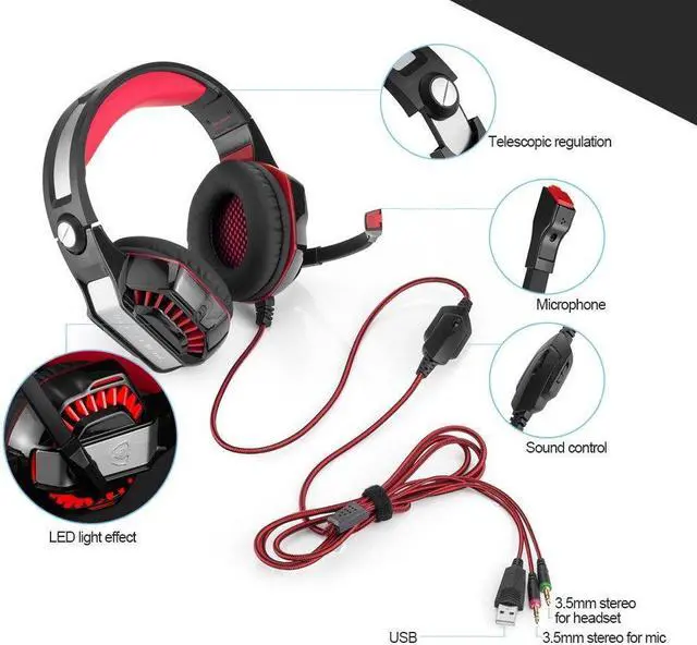 Alt view image 2 of 7 - KOTION EACH G2000 2.0 Vibrating Over-ear Gaming Headphones with Mic, 2.2m Cable, LED Light, Noise Reduction Headset for Computer Game, PS4, Xbox One, Laptops, Tablet, Smartphones (Red)