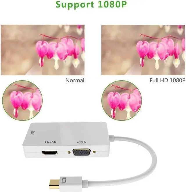 Alt view image 6 of 7 - 1080P Thunderbolt Mini dp to HDMI DVI VGA 3 in 1 Two 4K Adapter, Gold-Plated Connector Video Adapter, for MacBook Pro mac Book air Surface pro - (1080P, White)