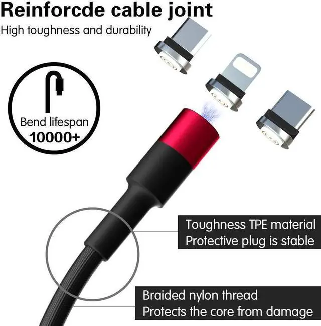 Alt view image 2 of 7 - Nylon Braided 3 in 1 Max 3.0A Fast Charging & Data Sync Magnetic Cable Compatible with USB-C Phones, i-Product and Micro-USB Interface Phones & Tablets, (3.3 ft-Red)