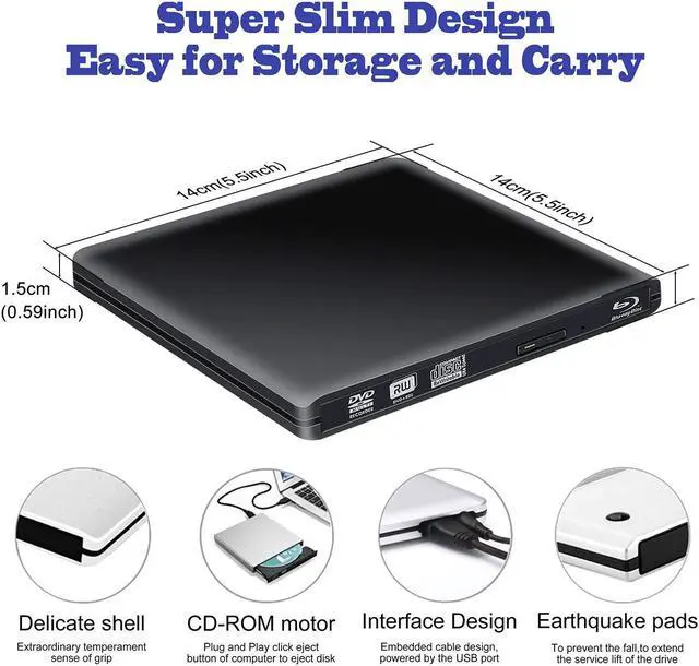 Alt view image 3 of 7 - External DVD Drive USB 3.0 USB C CD Burner CD/DVD +/-RW Optical Drive,Slim Portable DVD CD ROM Rewriter Writer Duplicator for Laptop Desktop PC Windows 10/8/7 MacBook Mac Linux OS Apple , Black