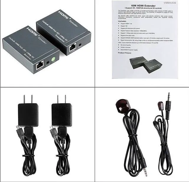 Alt view image 7 of 7 - HDMI Extender Over Cat5e/6 1080P with IR Control, HDMI Over Ethernet Extender 196ft/60m, 60 Meter HDMI Extender (Tx + Rx) Via Single RJ45 Cat6 Ethernet Cable Transmit
