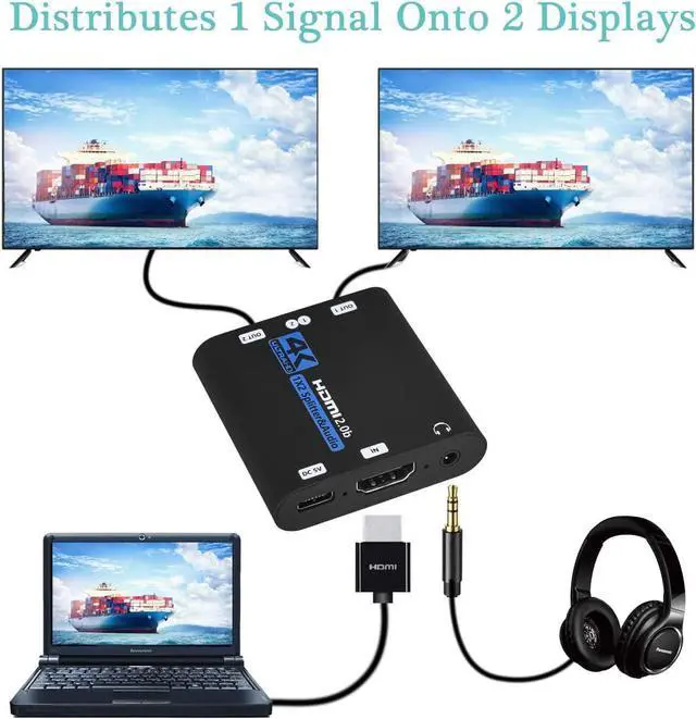 Alt view image 3 of 7 - HDMI Switch 4Kx2K@60Hz, HDMI Splitter 1 in 2 Out, with 3.5mm Jack audio out, Supports HDR, 4K, 3D, 1080P, Work for HDTV, Xbox, PS5/4/3, Blu-Ray Player, DVD, DVR