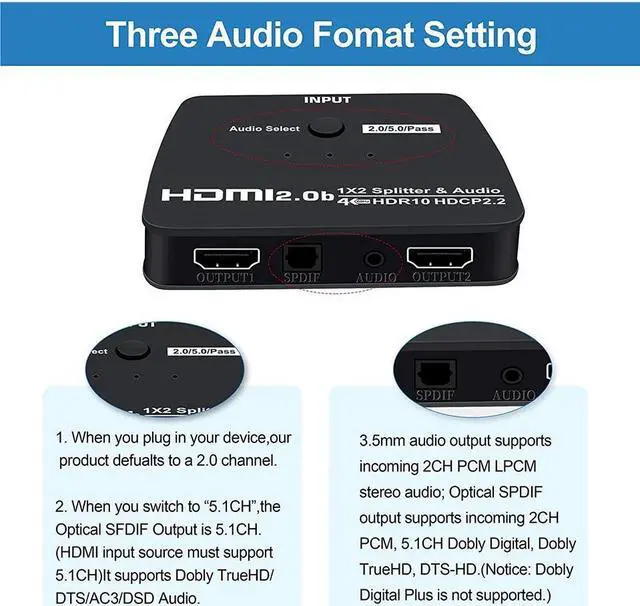 Alt view image 7 of 7 - HDMI Splitter 1 in 2 Out with 3.5mm Jack & Optical SPDIF audio out - 4K Ver HDMI2.0 HDCP2.2, Powered HDMI Splitter Supports 3D 4K@60HZ Full HD1080P for Xbox PS4 PS3 Fire Stick Roku Blu-Ray Player TV