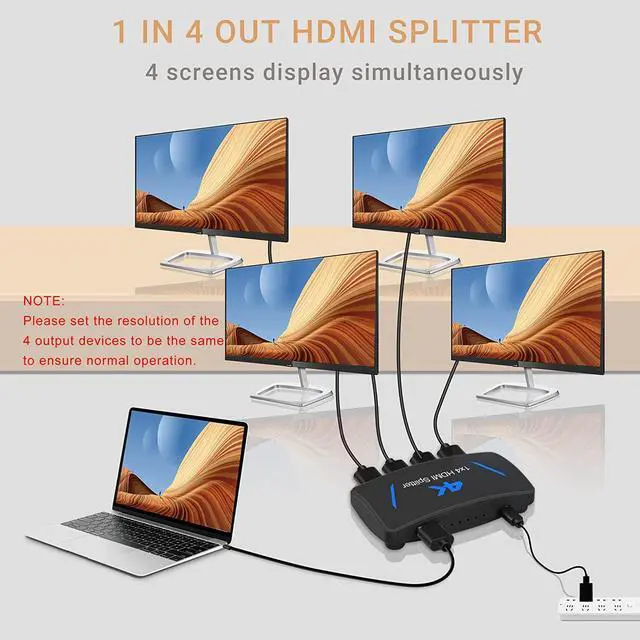 Alt view image 2 of 7 - 1x4 HDMI Splitter, 1 in 4 Out HDMI Splitter Audio Video Distributor Box Support Full HD 3D & 4K x 2K Compatible for Projector, HDTV, STB, DVD, PS3 Etc