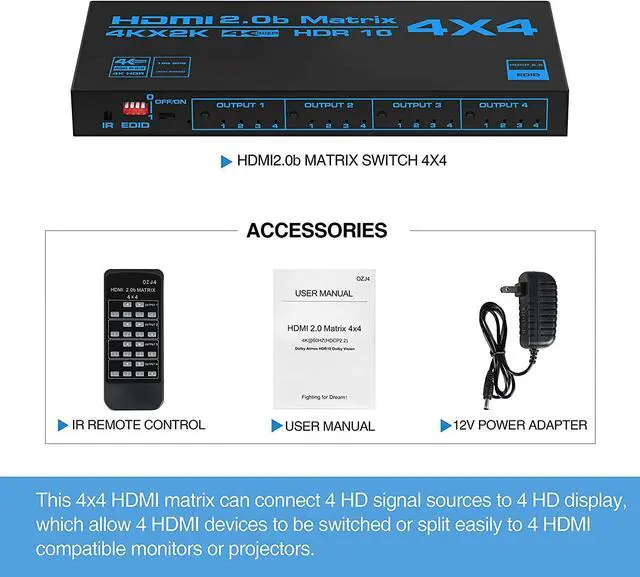Alt view image 7 of 7 - 4K@60Hz HDMI Matrix Switch 4x4 with EDID, 4 in 4 Out HDMI Switcher Splitter Audio Video Distributor Selector Box with IR Remote, Support HDR, HDMI 2.0b, HDCP 2.2, 3D, 18Gbps, YUV 4:4:4