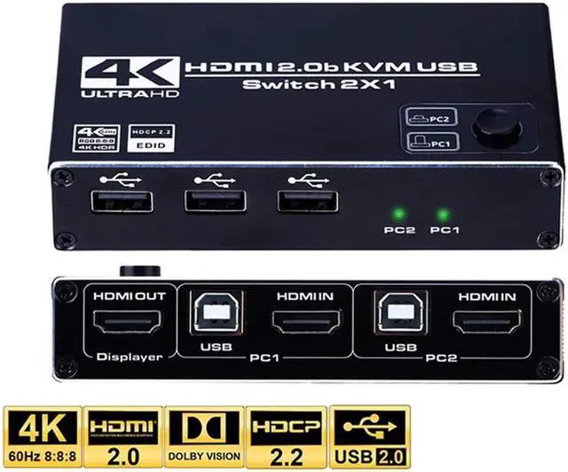 Main image of USB HDMI KVM Switch 2 in 1 Out 4K@60Hz HDMI USB KVM Switch with 2 PCs Share 1 Monitors and 3USB2.0 Hubs Compatible with Windows and Mac OS X