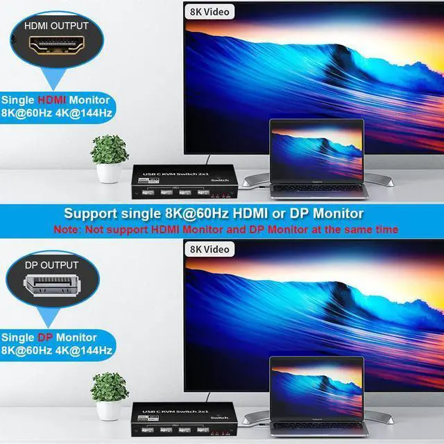 Alt view image 5 of 7 - 8K USB C KVM Switch HDMI 2 Port 8K@60Hz 4K@120Hz, HDMI 2.1 KVM Switch for 2 Computers Share 1 Monitor(DP/HDMI Output) and 4 USB Devices, and 2 USB-C Cables Included