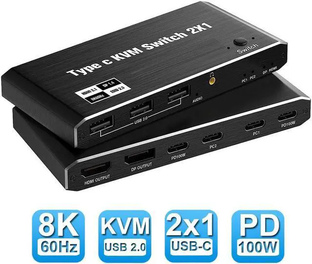 Main image of 8K USB C KVM Switch HDMI 2 Port 8K@60Hz 4K@120Hz, HDMI 2.1 KVM Switch with and 100W Power Delivery for 2 Computers Share 1 Monitor(DP/HDMI Output) and 3 USB Devices,3.5mm Audio