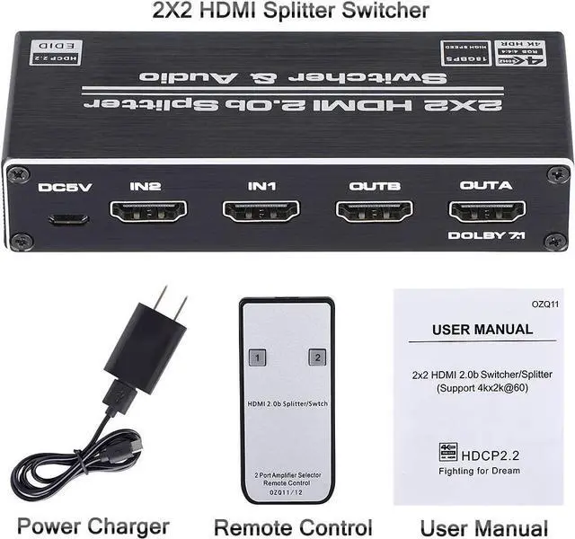 Alt view image 7 of 7 - HDMI Switch Splitter with Audio Extractor 4K@60Hz Optical 3.5mm Audio Out 4K HDMI Switcher 2 in 2 Out HDMI Audio Splitter Converter IR Remote Control Support HDCP 2.2, HDMI2.0b, RGB4:2:2, 4K HDR