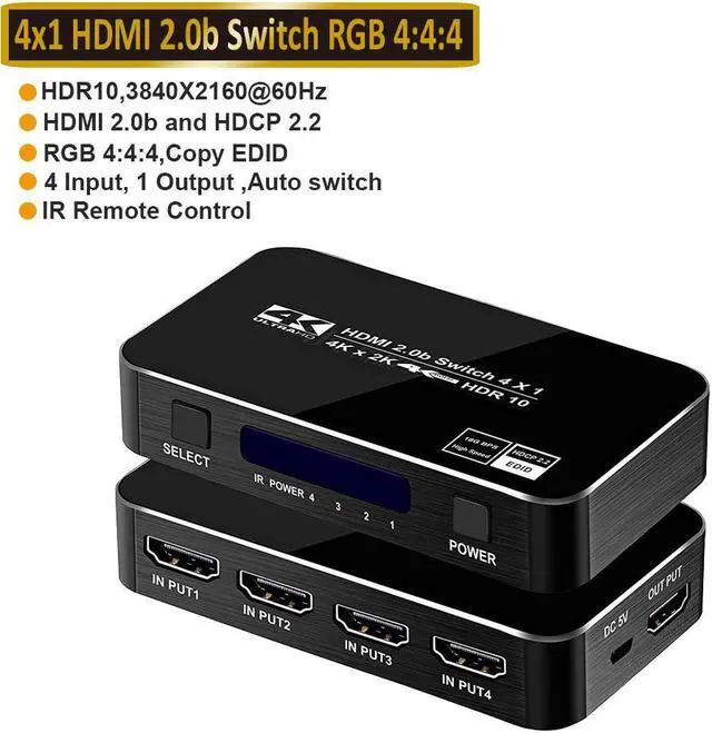 Main image of 4K@60Hz 4x1 HDMI Switch, HDMI 2.0b Switch 4 in 1 Out, 4K HDMI Switcher Splitter with Remote, HDR10, HDCP 2.2 & 3D - OZQ5