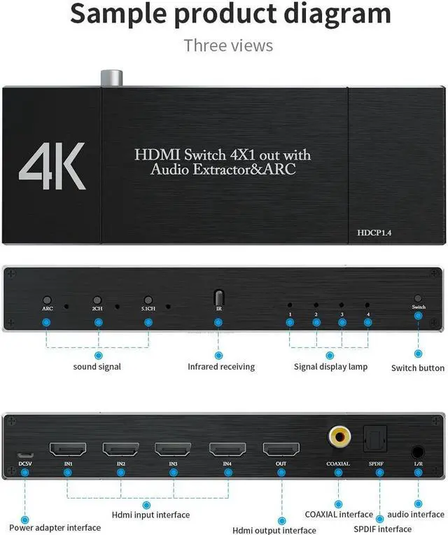 Alt view image 2 of 7 - 4K@60Hz 4x1 HDMI Switch Audio Extractor with Optical Toslink SPDIF/Coaxial/3.5mm Audio Out, 4 Ports HDMI 2.0b Switcher with Remote Control Support ARC, HDCP 2.2, 3D, for Xbox, Fire Stick, PS5, OZQ7