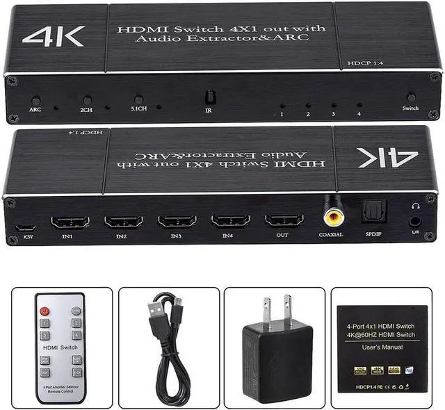 Alt view image 7 of 7 - 4K@60Hz 4x1 HDMI Switch Audio Extractor with Optical Toslink SPDIF/Coaxial/3.5mm Audio Out, 4 Ports HDMI 2.0b Switcher with Remote Control Support ARC, HDCP 2.2, 3D, for Xbox, Fire Stick, PS5, OZQ7