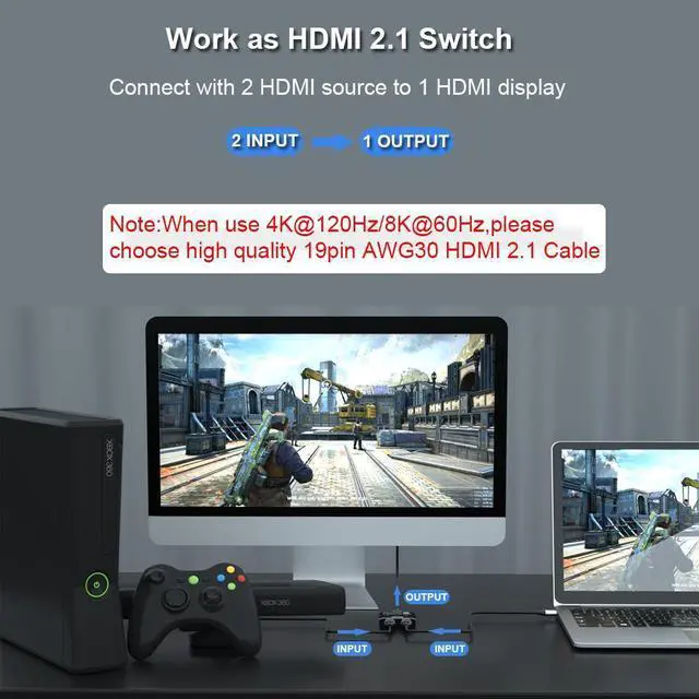 Alt view image 4 of 7 - HDMI 2.1 Switch, 8K HDMI Switcher Bi-Directional Splitter 2 in 1 Out/1 in 2 Out, Supports 4K@120Hz,8K@60Hz, 48Gbps Aluminum Ultra HD HDMI Hub Compatible with PS5/4,Xbox,TV,Fire Stick