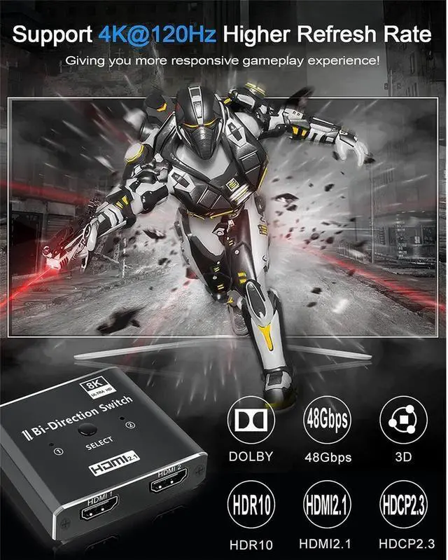 Alt view image 2 of 7 - HDMI 2.1 Switch, 8K HDMI Switcher Bi-Directional Splitter 2 in 1 Out/1 in 2 Out, Supports 4K@120Hz,8K@60Hz, 48Gbps Aluminum Ultra HD HDMI Hub Compatible with PS5/4,Xbox,TV,Fire Stick