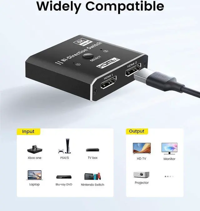 Alt view image 6 of 7 - HDMI 2.1 Switch, 8K HDMI Switcher Bi-Directional Splitter 2 in 1 Out/1 in 2 Out, Supports 4K@120Hz,8K@60Hz, 48Gbps Aluminum Ultra HD HDMI Hub Compatible with PS5/4,Xbox,TV,Fire Stick