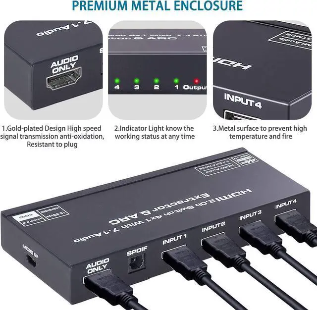 Alt view image 3 of 7 - HDMI Switch with Audio Extractor 4K@60Hz Optical 3.5mm Audio Out Adapter 4K HDMI Switcher 4 in 1 Out HDMI Audio Splitter Converter IR Remote Control Support ARC HDCP 1080P 3D EDID Dolby Atmos 7.1CH