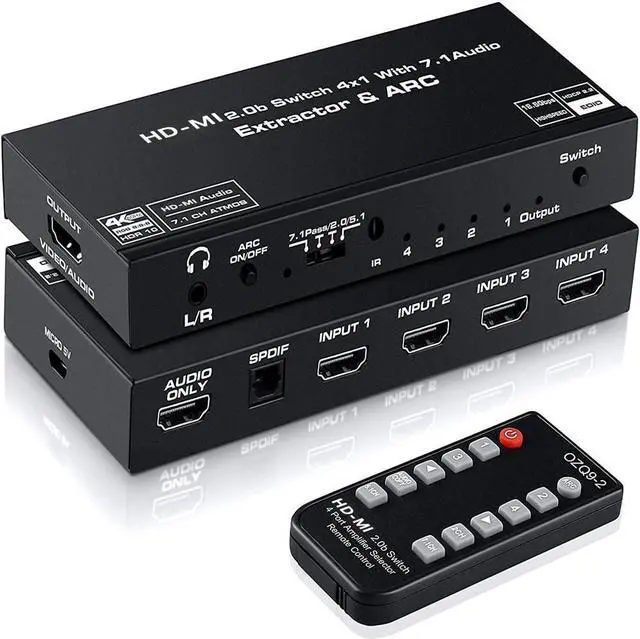 Main image of HDMI Switch with Audio Extractor 4K@60Hz Optical 3.5mm Audio Out Adapter 4K HDMI Switcher 4 in 1 Out HDMI Audio Splitter Converter IR Remote Control Support ARC HDCP 1080P 3D EDID Dolby Atmos 7.1CH