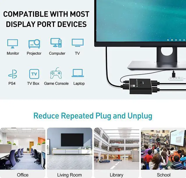 Alt view image 6 of 7 - Displayport Switch, 8K@30Hz Bi-Directional DP 1.4 Switcher, Two-Way DP Switch Selector Box 2x1 or 1x2, 4K@120Hz Manual Display Port Splitter 2 in 1 Out for Computer Monitor Projector TV
