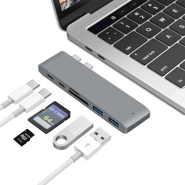 Main image of USB C Hub Adapter for MacBook Air 2018, MacBook Pro 2018/2017/2016, Dual Type C Hub with SD/TF Card Reader, 2 Type C 40Gbps Thunderbolt 3 Port and 2 USB 3.0 Ports (Gray)