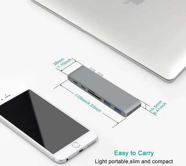 Alt view image 6 of 7 - USB C Hub Adapter for MacBook Air 2018, MacBook Pro 2018/2017/2016, Dual Type C Hub with SD/TF Card Reader, 2 Type C 40Gbps Thunderbolt 3 Port and 2 USB 3.0 Ports (Gray)