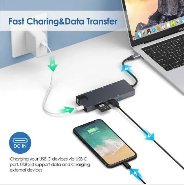 Alt view image 5 of 7 - 8 in 1 USB HUB Type-C to RJ45 Lan HDMI VGA Adapter Aluminum Slloy USB 3.0 HUB Card Reader Converter Cable for Macbook MateBook