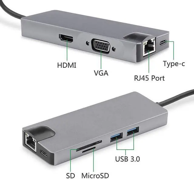 Alt view image 3 of 7 - 8 in 1 USB HUB Type-C to RJ45 Lan HDMI VGA Adapter Aluminum Slloy USB 3.0 HUB Card Reader Converter Cable for Macbook MateBook