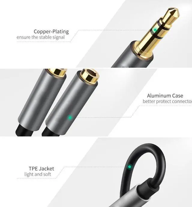 Alt view image 3 of 7 - 2-PACK Headphone Splitter, [Hi-Fi Sound, Copper Shell] 3.5mm Male to 2 Dual 3.5mm Female Audio Splitter Cord Nylon-Braided Stereo Y Splitter for iPhone, Samsung, Smartphones, Tablets-Black