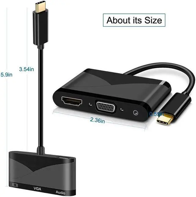 Alt view image 2 of 7 - USB C to HDMI VGA USB with 3.5mm Audio Hub Adapter, 4 in 1 USB Type C Multiport Dongle with UHD 4K HDMI VGA USB 2.0 3.5mm Audio Adapter for Projector,MacBook,Google Chromebook Pixel