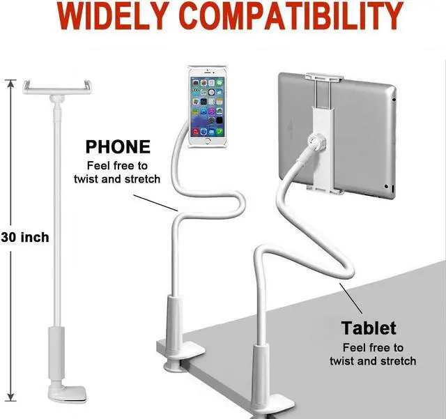Alt view image 4 of 7 - Tablet Holder, Flexible Gooseneck Tablet Stand Mount for iPad, iPhone, Samsung Galaxy Tabs, and More 4.7-10.5 Devices, Good for Desk, Bed, Kitchen, Office (White)