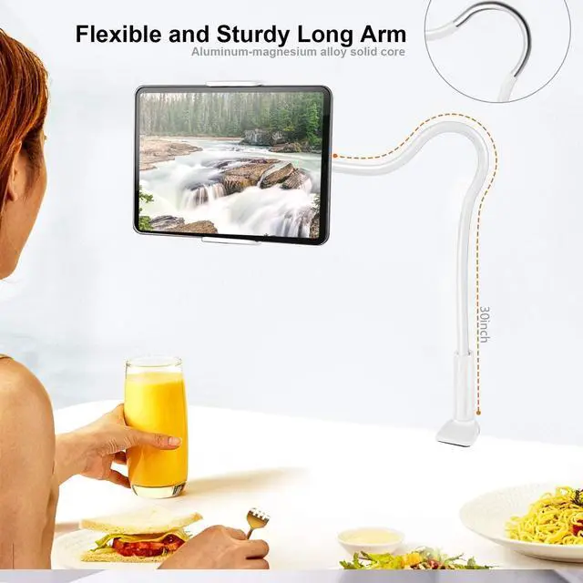 Alt view image 5 of 7 - Tablet Holder, Flexible Gooseneck Tablet Stand Mount for iPad, iPhone, Samsung Galaxy Tabs, and More 4.7-10.5 Devices, Good for Desk, Bed, Kitchen, Office (White)