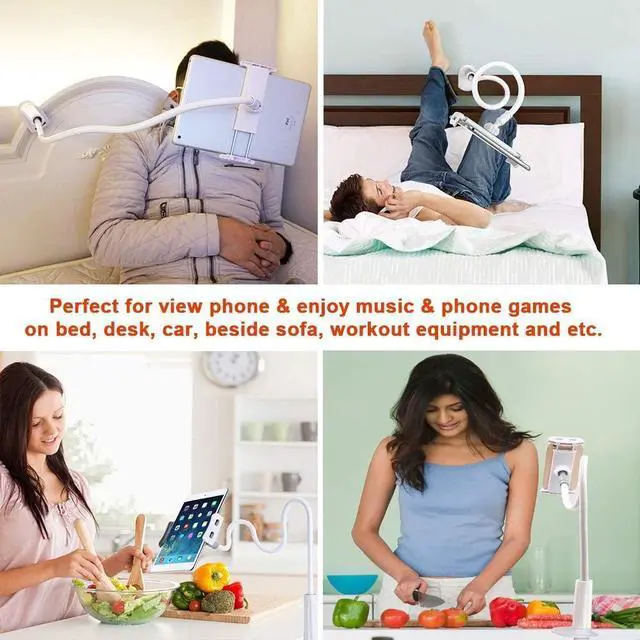 Alt view image 6 of 7 - Tablet Holder, Flexible Gooseneck Tablet Stand Mount for iPad, iPhone, Samsung Galaxy Tabs, and More 4.7-10.5 Devices, Good for Desk, Bed, Kitchen, Office (White)