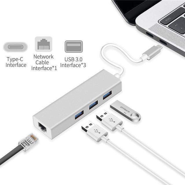 Alt view image 3 of 7 - USB C to Ethernet Adapter with 3 USB 3.0, RJ45 to USB C Thunderbolt 3/Type-C Gigabit Ethernet LAN Network Adapter, for MacBook Pro 16'' 2019/2018/2017, MacBook Air, Dell XPS and More - Gray