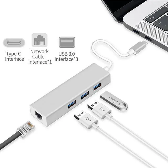 Alt view image 3 of 7 - USB C To Ethernet Adapter - Ethernet To USB C/Thunderbolt 3 To RJ45 Wired Network Convert Adapter with 3 USB 3.0, Plug & Play, Compatible With Mac Book,MacBook 2019/2018/2017 and More - Silver