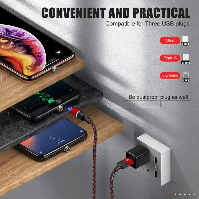 Alt view image 4 of 7 - Magnetic QC3.0 Charging Cable(3 Pack,4ft)3 in 1 Cable,Compatible with Mirco USB, Type C Smartphone and iProduct Device(Red) eokCXOY