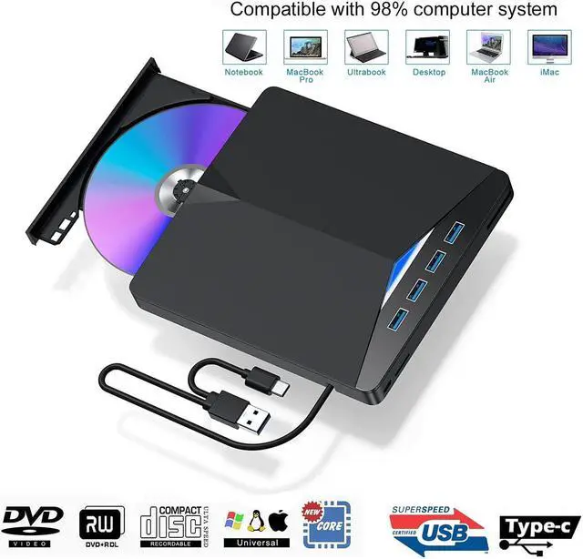 Main image of 7 -in-1 External CD Drive Type C USB 3.0 Portable CD DVD +/-RW Drive Slim DVD/CD ROM Rewriter Burner Writer with 4 USB3.0 Ports and TF SD Card Slots for Laptop Desktop PC Windows Linux OS Apple Mac
