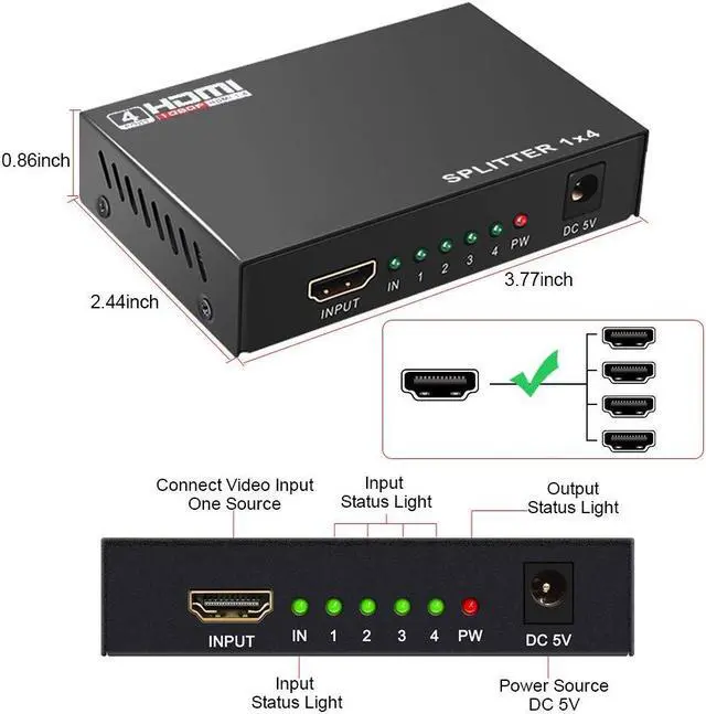 Alt view image 4 of 7 - 4K 1x4 HDMI Splitter (with Power Supply), 1 in 4 Out Port Powered V1.4b 4K@30Hz Video Converter with Full Ultra HD 1080P, 4Kx2K and 3D Resolutions (1 Input to 4 Outputs)