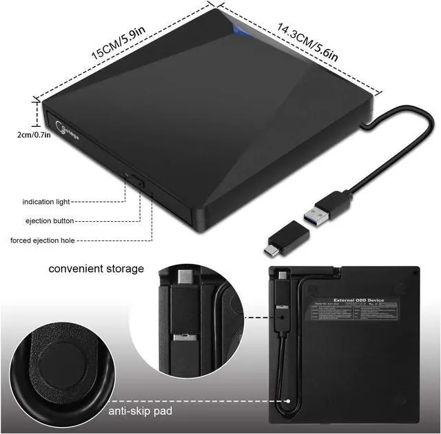 Alt view image 6 of 7 - External CD DVD Drive, USB 3.0 & USB Type C External CD DVD Drive for Laptop Portable DVD/CD ROM +/-RW Drive Burner Rewriter for Windows, Mac, Linux Laptop Desktop, MacBook