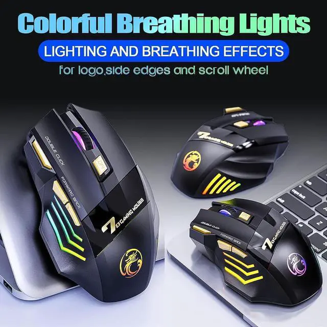 Alt view image 3 of 7 - 2.4G RF Wireless Gaming Mouse, Rechargeable Silent Wireless Mouse with 3200DPI Adjustable, Double Click Key, Colorful RGB Lights, Computer Gaming Mice with Thumb Rest for PC/Mac Gamer