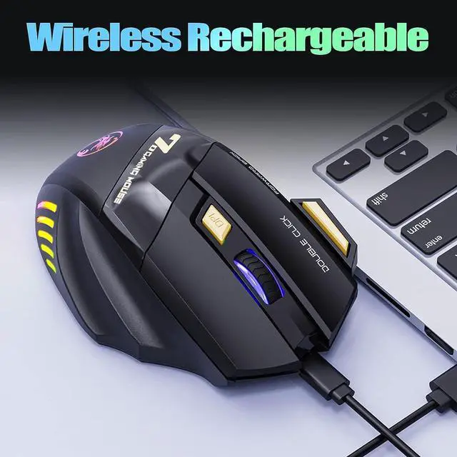 Alt view image 5 of 7 - 2.4G RF Wireless Gaming Mouse, Rechargeable Silent Wireless Mouse with 3200DPI Adjustable, Double Click Key, Colorful RGB Lights, Computer Gaming Mice with Thumb Rest for PC/Mac Gamer