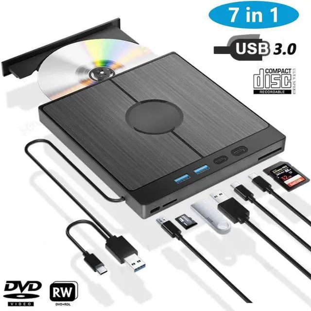 Main image of [7 in 1] External CD DVD Drive, USB 3.0 Type-C External CD/DVD DVD Burner Slim Optical Drive DVD Burner with SD/TF Card Slot 2 USB 3.0 Ports 2 Type-C Ports for Laptop PC Windows Linux MacOS