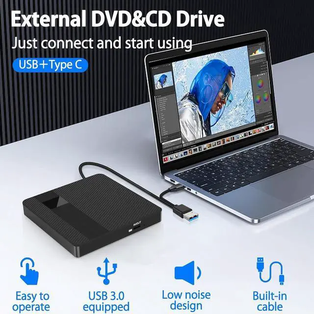 Alt view image 3 of 7 - External CD DVD Drive, USB 3.0 Type C Slim Portable CD Player CD/DVD-RW Burner, High Speed Data Transfer Optical Drive for Laptop, Desktop Windows 10/8/7 / XP/Linux/Vista, MacOS