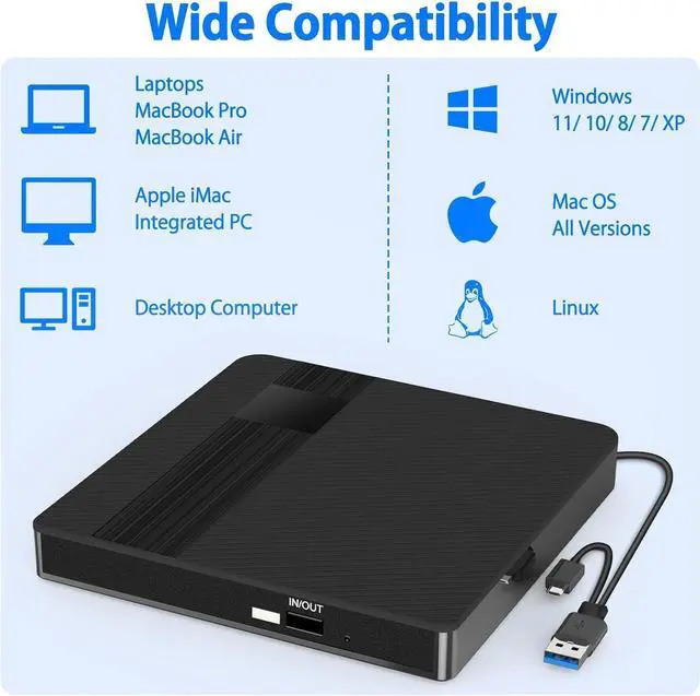 Alt view image 4 of 7 - External CD DVD Drive, USB 3.0 Type C Slim Portable CD Player CD/DVD-RW Burner, High Speed Data Transfer Optical Drive for Laptop, Desktop Windows 10/8/7 / XP/Linux/Vista, MacOS