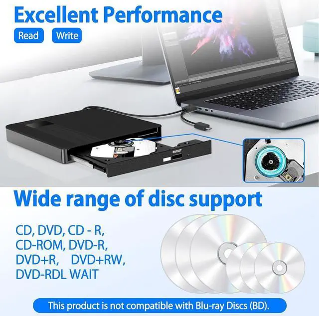 Alt view image 5 of 7 - External CD DVD Drive, USB 3.0 Type C Slim Portable CD Player CD/DVD-RW Burner, High Speed Data Transfer Optical Drive for Laptop, Desktop Windows 10/8/7 / XP/Linux/Vista, MacOS