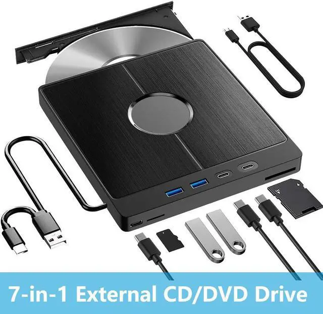Main image of 7-in-1 External CD DVD Drive, USB 3.0 Type-C External CD/DVD Drive with SD/TF Card Reader, 2 USB A & 2 USB C Ports, Portable RW Burner for All PC Laptop/Desktop, Windows 11/10/8/7/XP/Vista/Linux/MacOS