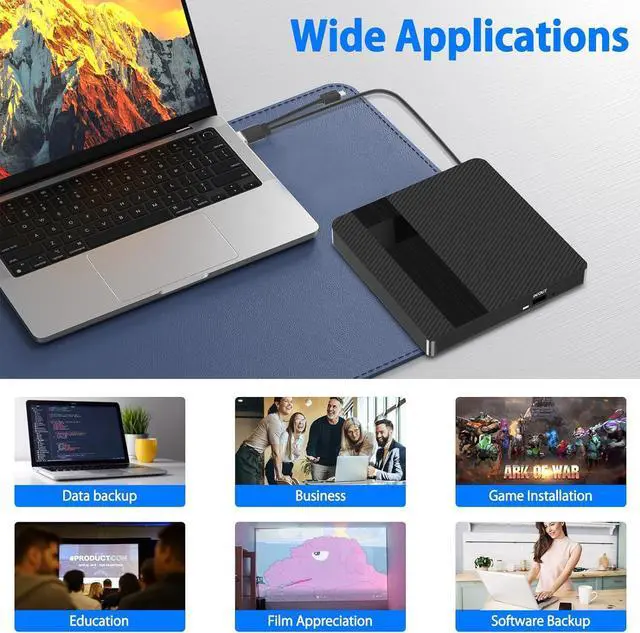 Alt view image 7 of 7 - External CD DVD Drive, USB 3.0 Type C Slim Portable CD Player CD/DVD-RW Burner, High Speed Data Transfer Optical Drive for Laptop, Desktop Windows 10/8/7 / XP/Linux/Vista, MacOS